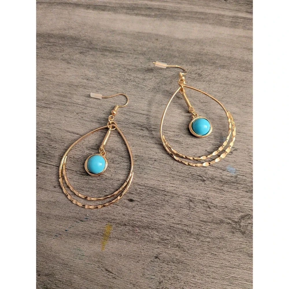 Gold Tone Layered Teardrop Turquoise Cabochon Dangle Earrings Boho Southwestern